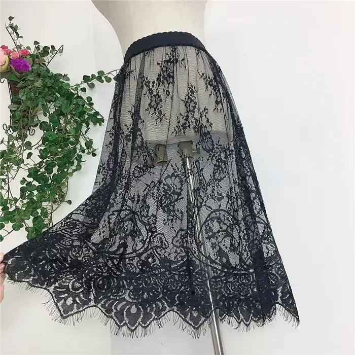 Mini jupe en maille de dentelle transparente pour femmes, taille haute élastique, jupes en tulle noi