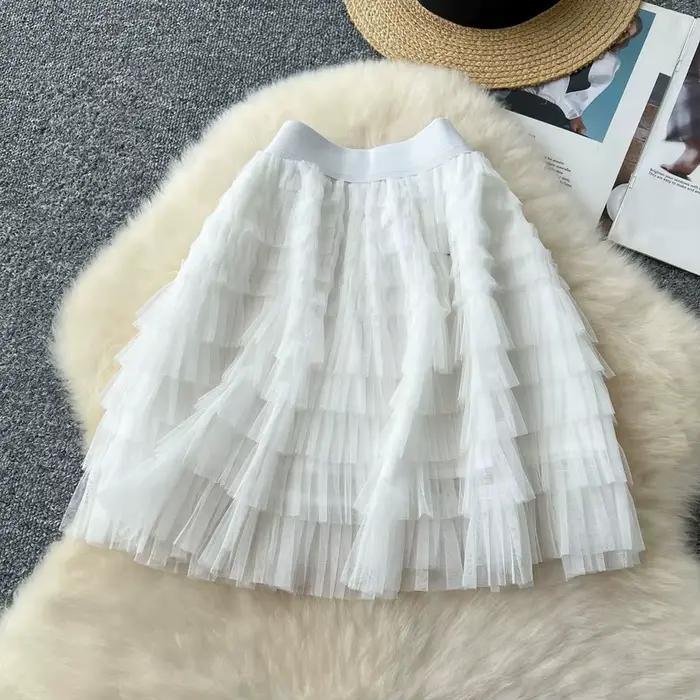 Jupes en Tulle superposées pour femmes, Mini jupe évasée trapèze taille haute, taille élastique, nou