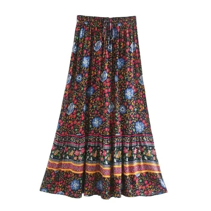 Jupe longue en coton rayonne pour femme, imprimé floral, taille haute élastique, style bohème, pour 