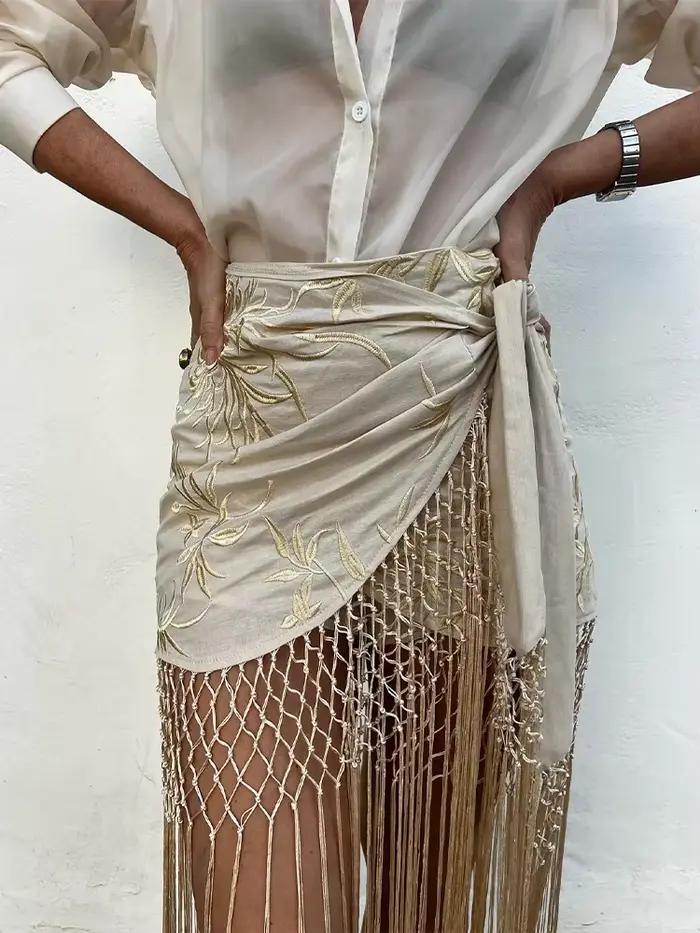 Mini jupe à franges brodée pour femmes, élégante, maille ajourée, Kilt court, nouvelle collection ét