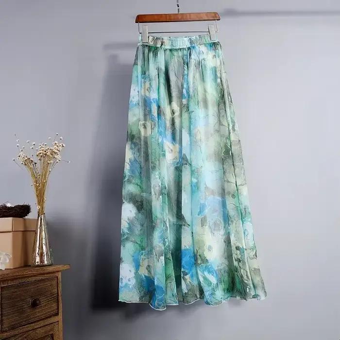 Jupe longue en mousseline de soie pour femmes, vintage, bohème, élégante, saia harajuku, plage, tail