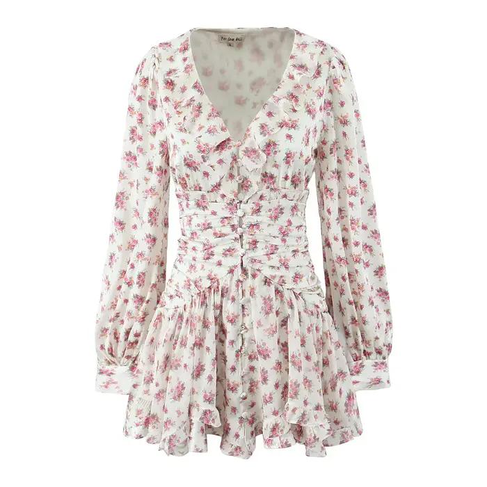 Jupe à volants florale française pour femme, nouveau style printemps 2026, col en V, manches bouffan