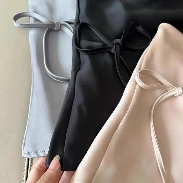 Mini jupes en Satin à lacets pour femmes, jupe trapèze rose de Style coréen, taille haute, Sexy, Sli