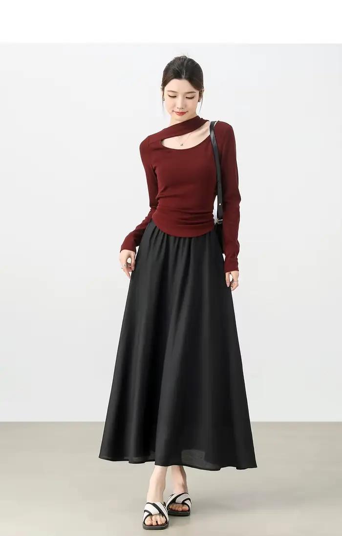 Jupe longue noire SENTUBILA pour femme, mélange de laine, élégante, coupe trapèze, à lacets, taille 