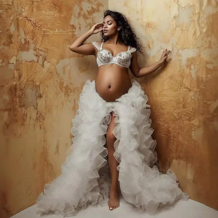 Jupe longue en Organza pour femmes, avec traîne détachable, pour séance photo, jupe Maxi superposée 