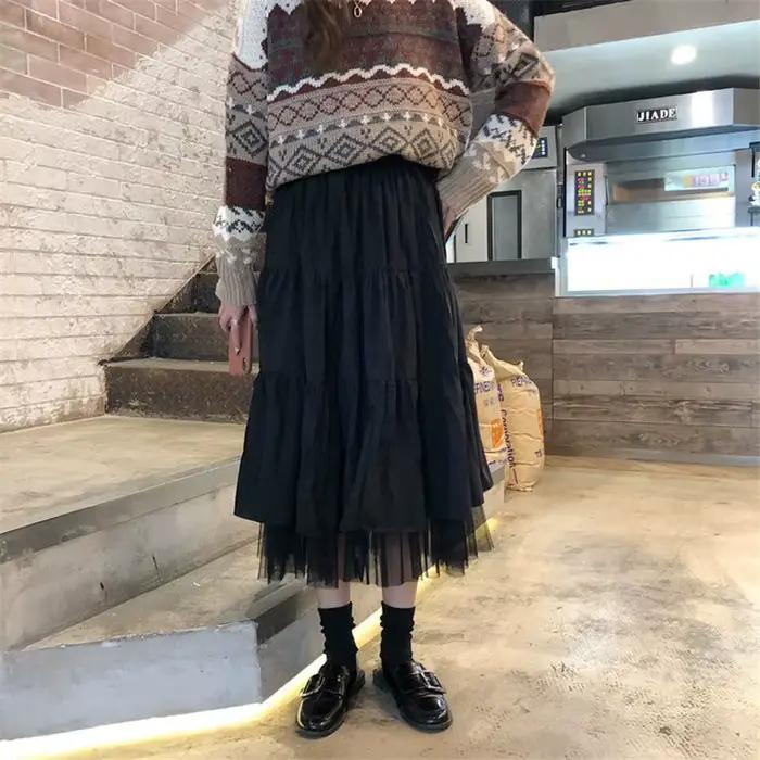 Jupe longue en tulle pour femme, taille haute élastique, tutu en maille plissée, noir, blanc, street