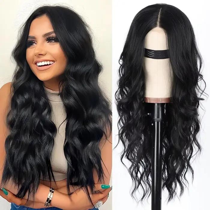 Perruque noire pour femme, longue, ondulée, avec dentelle, raie au milieu, synthétique, résistante à