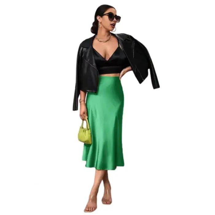 Jupe midi pour femme, taille haute, en satin lisse, coupe sirène, amincissante, pour voyage, soirée,