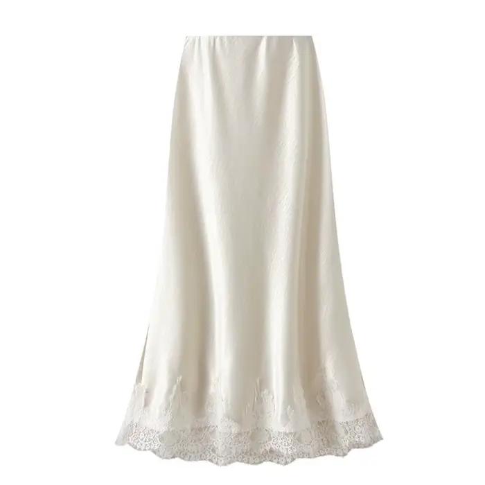 OUMENGKA été français élégant Satin sirène jupe femmes dentelle Patchwork taille élastique longue a-