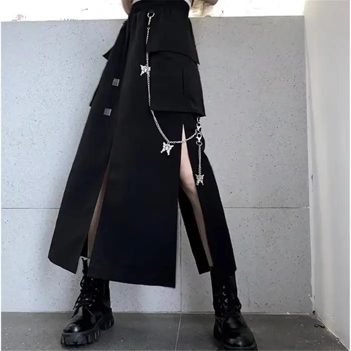 Jupe longue noire de Style coréen pour femmes, avec chaîne, fente latérale, Hip Hop, Streetwear, gra