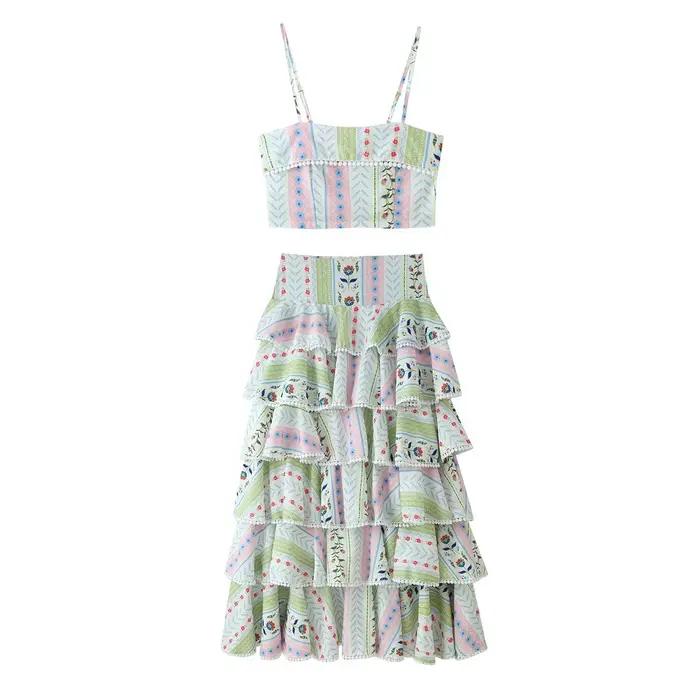Ensemble jupe imprimée et haut sans manches à bretelles pour femme, nouvelle collection été, jupe lo