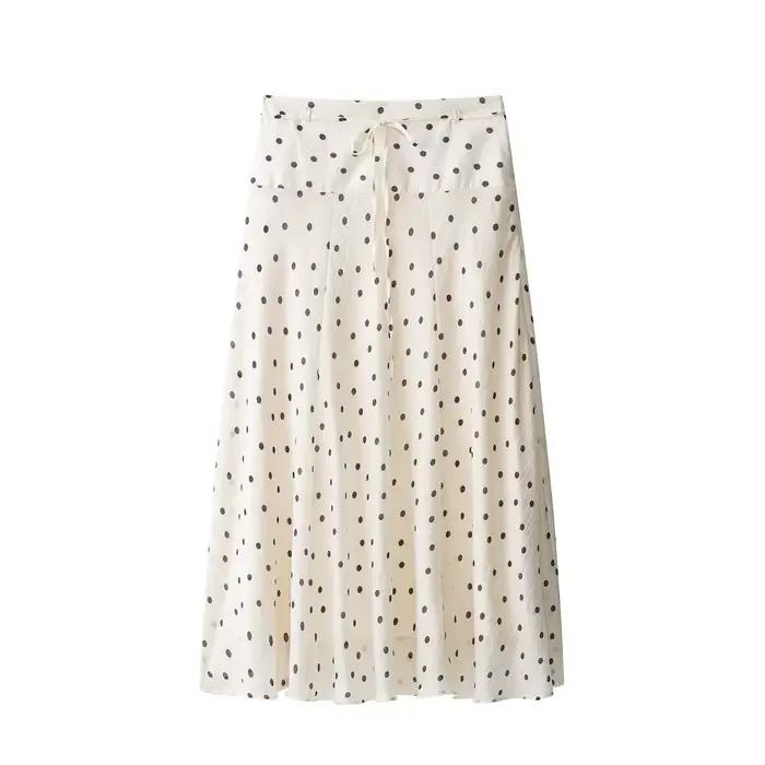 Jupe évasée à volants style français à pois blancs pour femme, taille haute avec cordon de serrage, 