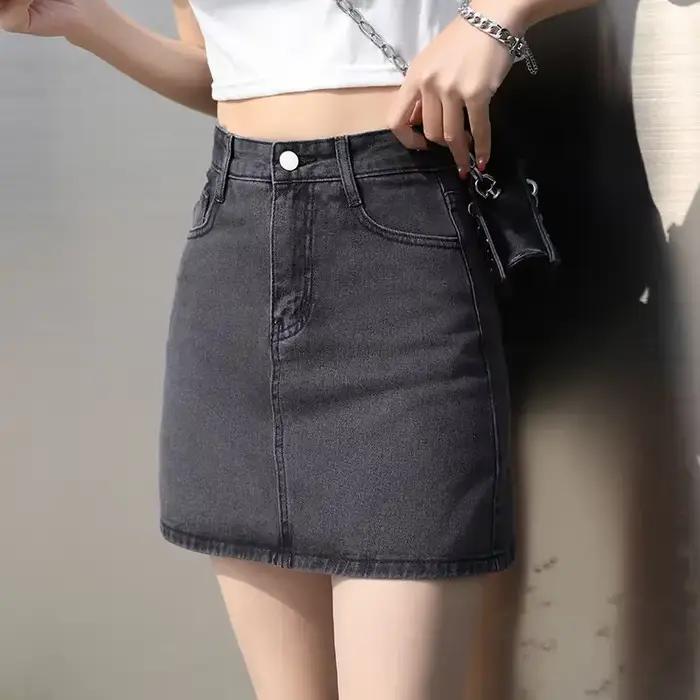Mini jupe en jean taille haute avec poche pour femme, jupe en jean femme, courte, fermeture éclair, 