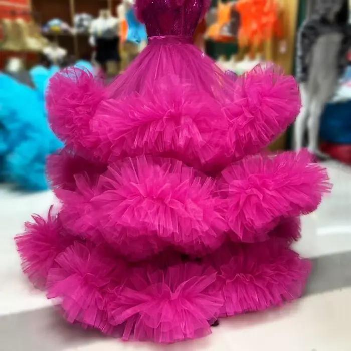 Jupe de bal en tulle fuchsia à volants, taille haute, jupe tutu bouffante à volants pour femme, jupe