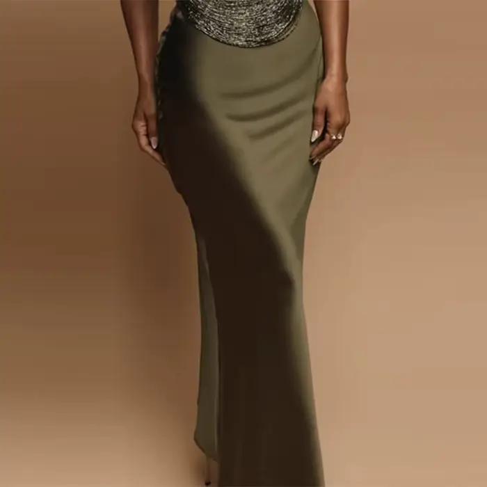 Ensembles de jupes en satin pour femmes, haut sans manches à col montant avec patchwork à franges, j