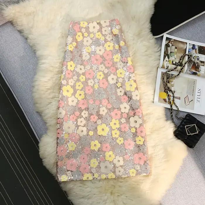 Jupe mi-longue à paillettes florales, taille haute, élégante, brodée, dos fendu, vêtements pour femm