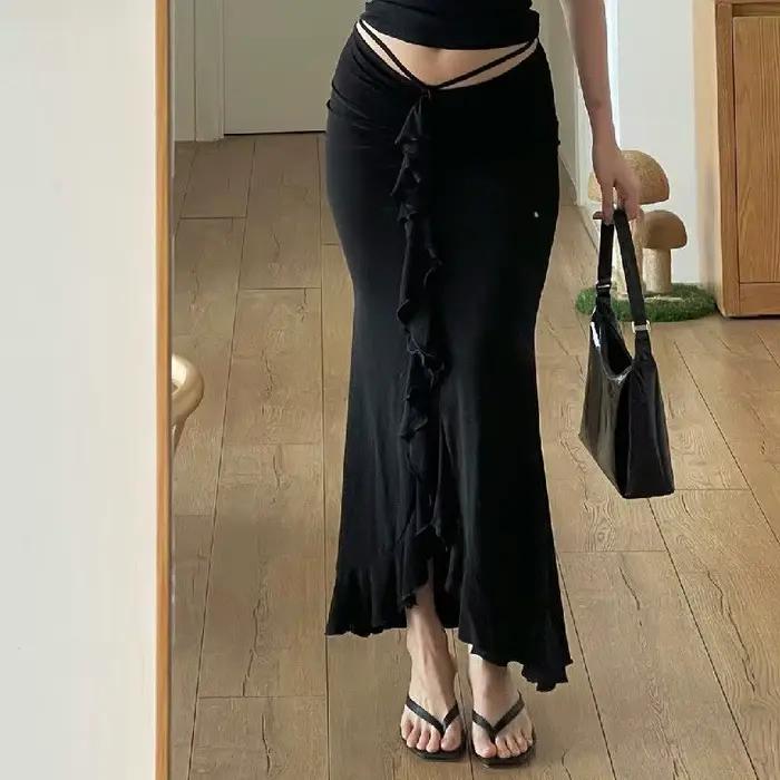 Jupe plissée mi-longue taille basse pour femme, style bandage, coupe ajustée aux hanches