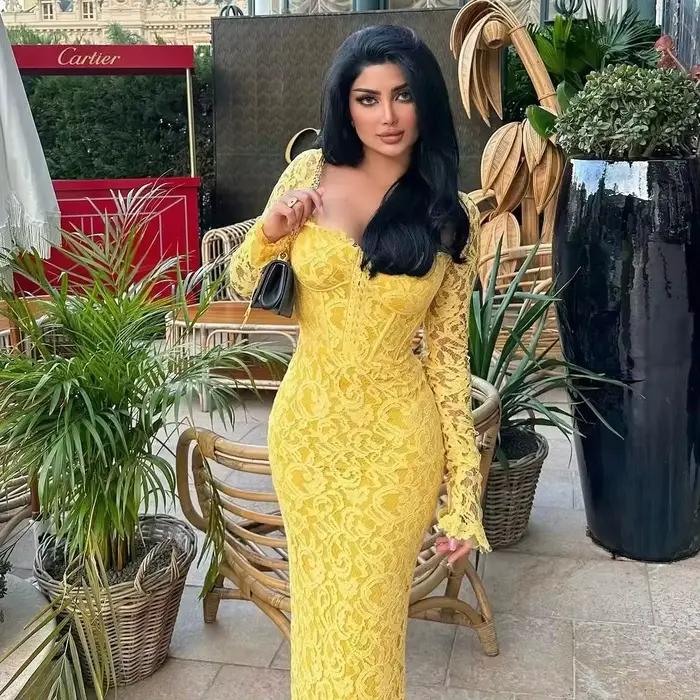 Robe de soirée jaune en dentelle florale, col cœur carré, longue et évasée, pour anniversaire, bal d