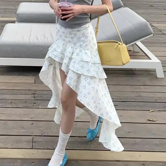 Jupe mi-longue française pour femme, nouvelle jupe longue florale d'été, taille haute irrégulière à 