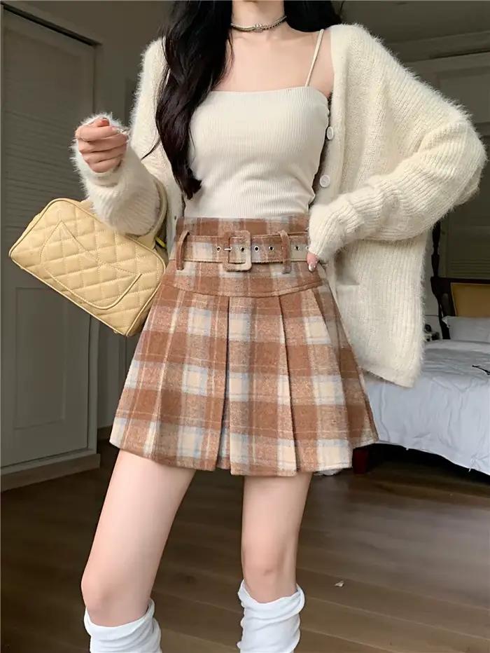 Jupe mini plissée en laine à carreaux rouges taille haute pour femme, nouvelle collection automne-hi