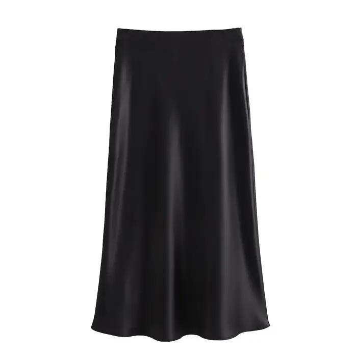 KONDALA élégant Satin mince Midi solide jupe femmes élastique taille haute a-ligne décontracté femme