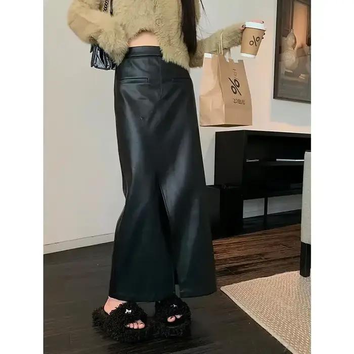 Jupe longue fendue en cuir PU noir taille haute pour femme, coupe trapèze ample, longueur genou, col