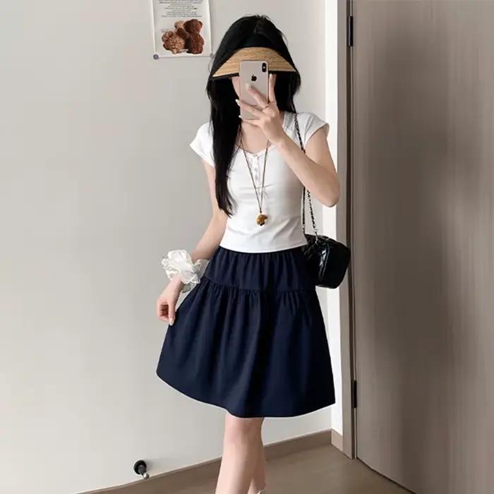 Jupe mi-longue style preppy pour femme, jupe décontractée d'été à taille élastique, jupe trapèze uni