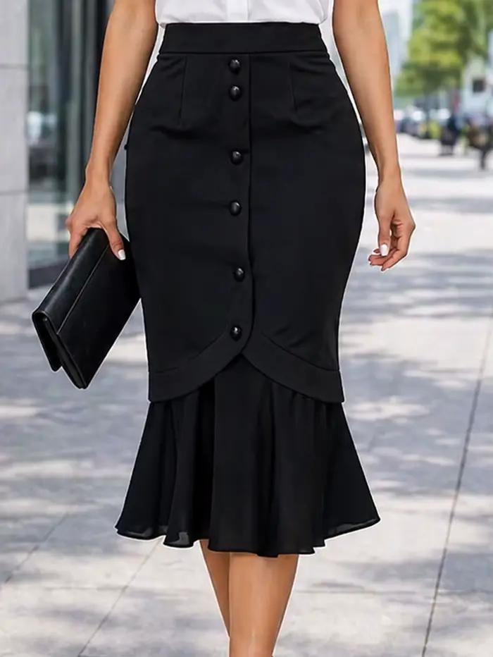 Jupe sirène noire pour femme, taille haute élastique, boutonnée sur le devant, coupe ajustée, style 