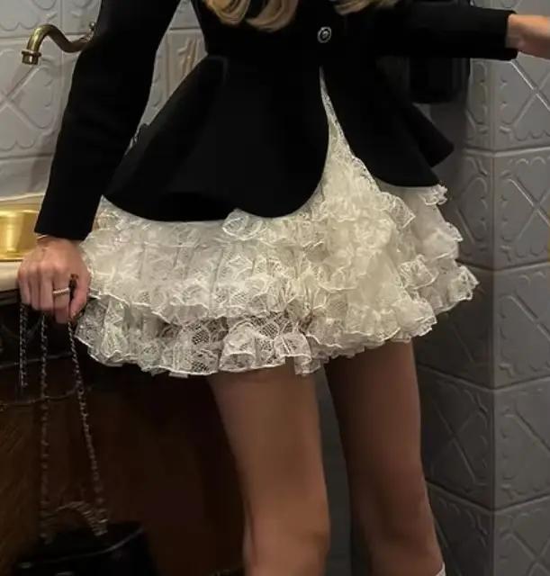 Ensemble jupe et blazer sexy pour femme, veste noire à lacets et boutons, jupes plissées à volants e