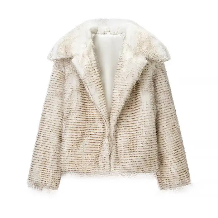 Manteau court tendance pour femme, printemps, manches longues, fourrure artificielle, col à revers, 