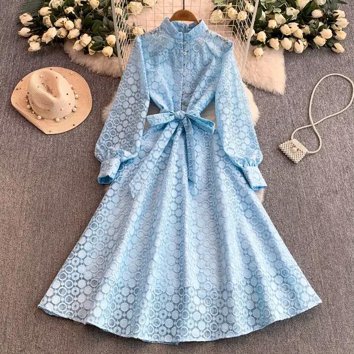 Robe longue à bandes Vintage pour femmes, élégante, française, col montant, manches longues, dentell
