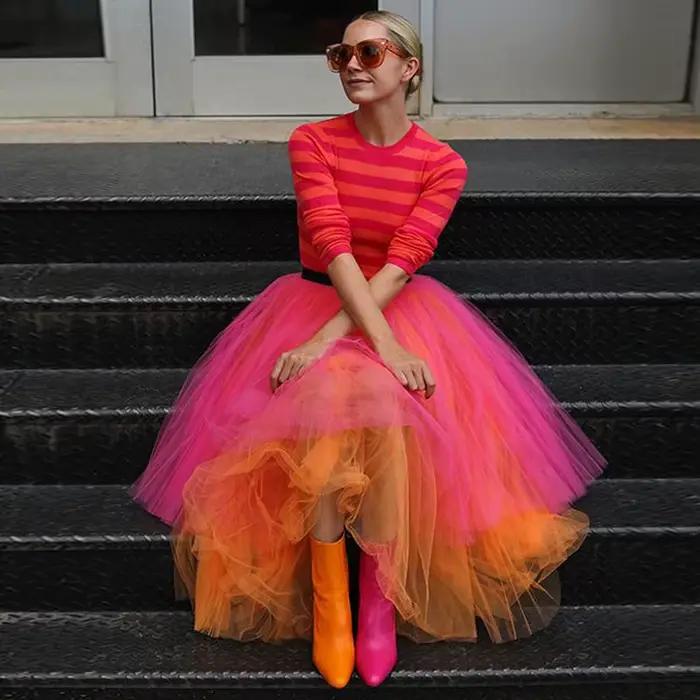 Jupes en tulle rose et orange chaud, jupe de fête mi-mollet plissée à plusieurs niveaux, vêtements d