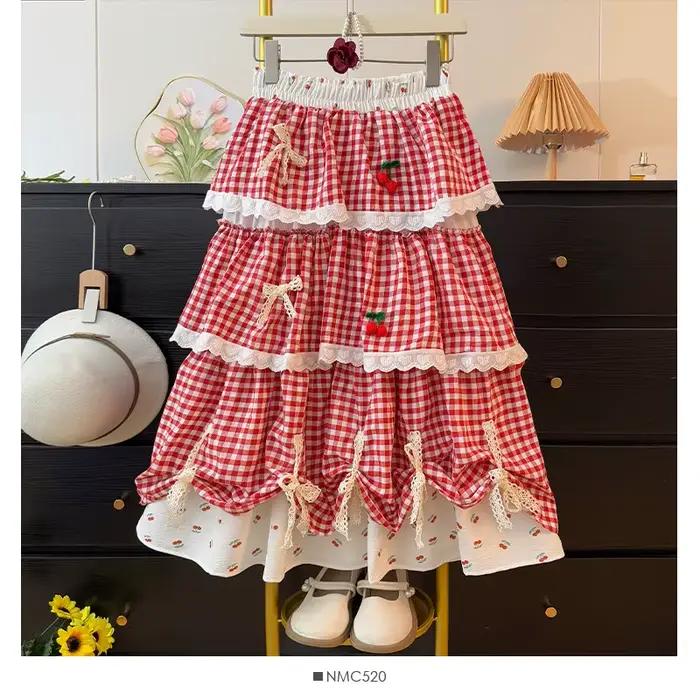 Jupes à carreaux douces pour femmes, Style japonais, à volants, longue, dessin animé mignon, mode Y2
