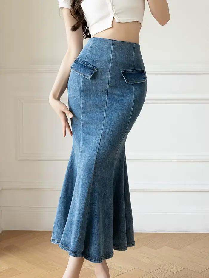 Jupe en jean taille haute pour femme, élégante, décontractée, à volants, queue de poisson, trompent,