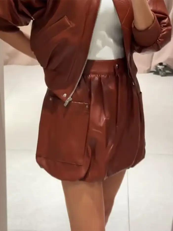 Ensembles Jupe-Culotte Femme en Similicuir avec Veste à Épaulettes et Mini-Jupes – Nouveauté Printem