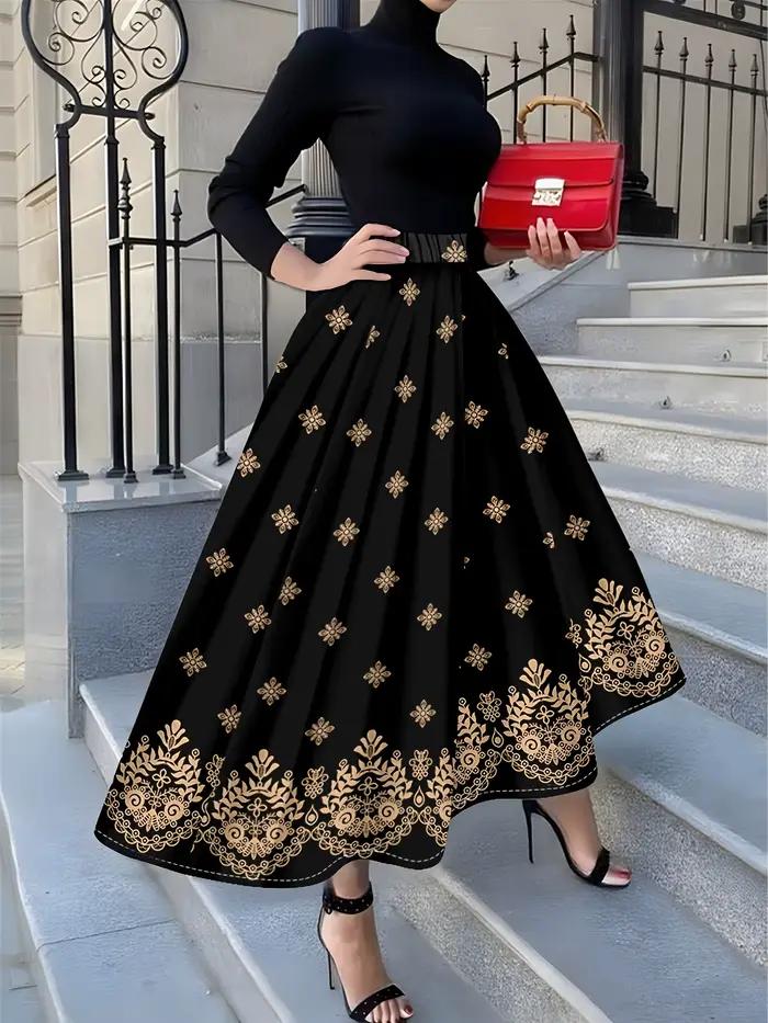 Jupe noire à imprimé floral pour femme, élégante, taille haute, coupe trapèze, longueur midi, pour l