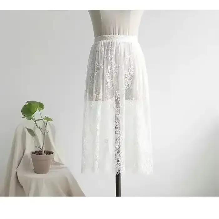 Jupe longue en tulle transparente et élégante en dentelle sexy, taille haute élastique, 2 longueurs,
