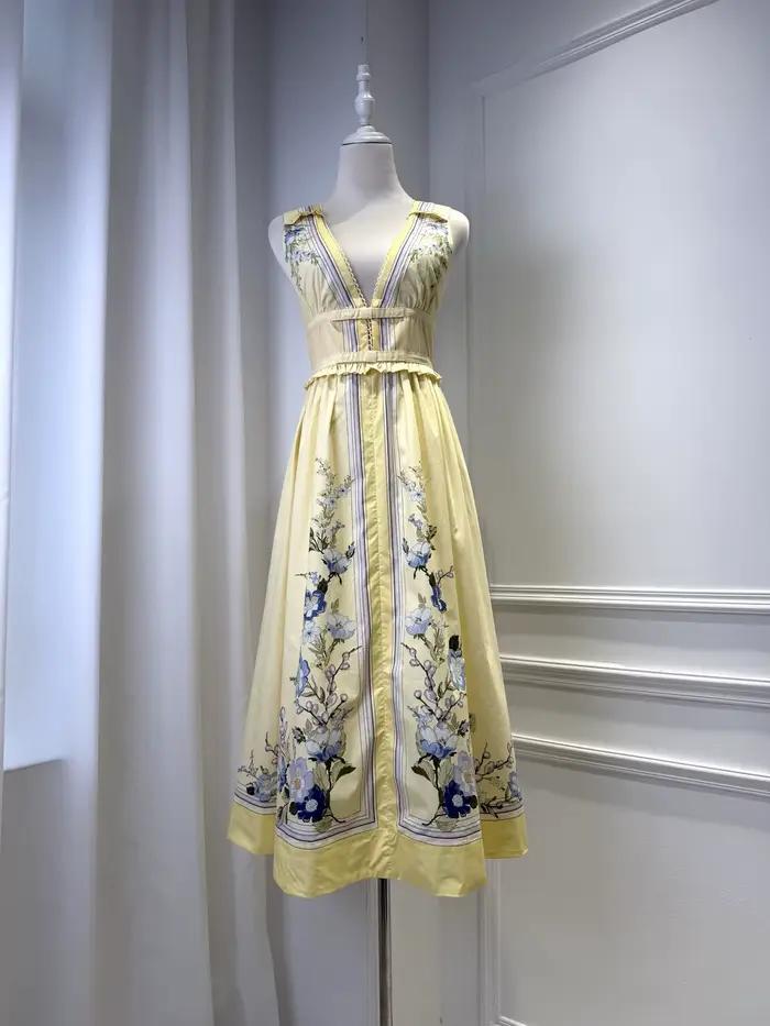 Robe midi jaune imprimée pour femmes, col en v, sans manches, taille haute, robe longue tendance pou