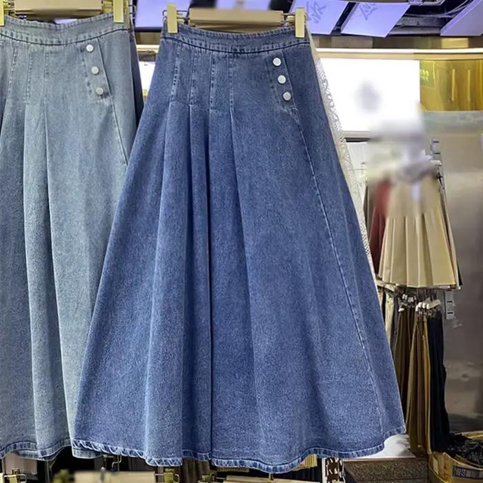 Jupe longue élastique en jean pour femme, taille haute, ligne A, printemps, été, 2024