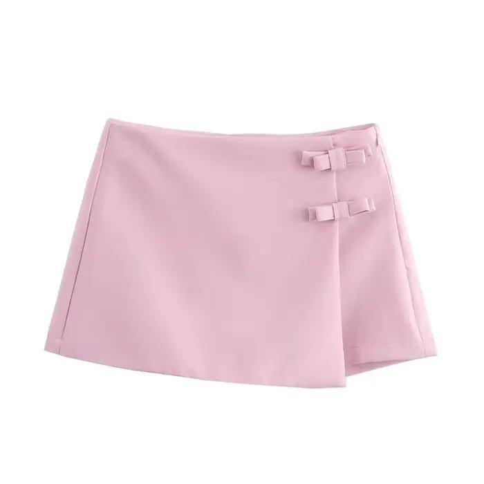 Mini jupe rose blanche avec nœud papillon pour femme, courte fendue, taille haute, été 2025