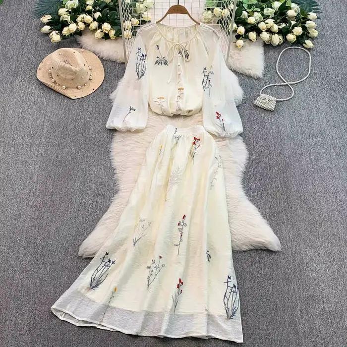 Ensemble deux pièces jupe brodée pour femmes, col rond, simple boutonnage, chemise à manches longues