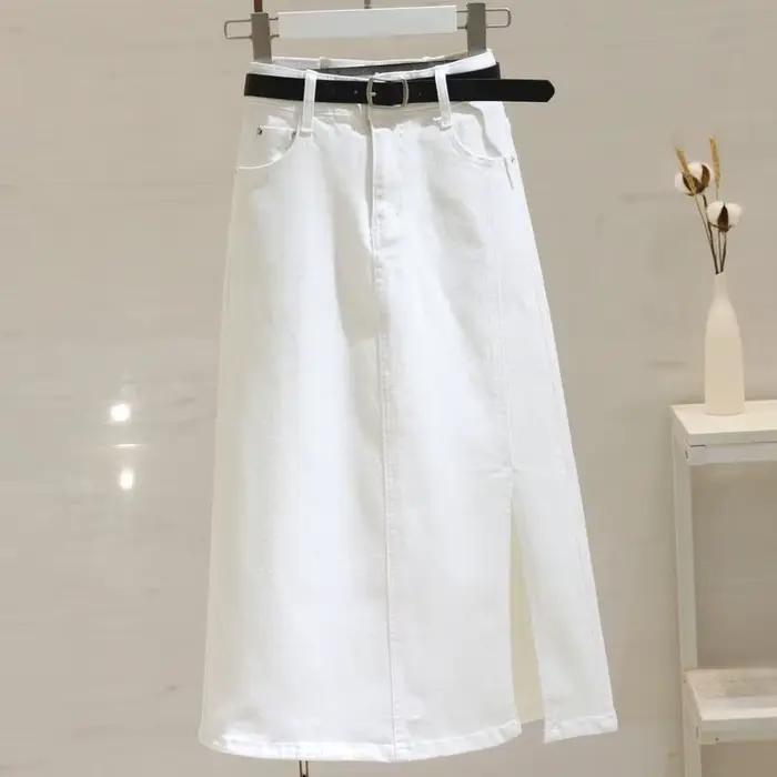 Jupe en jean blanche taille haute 2026 Nouvelle jupe fendue mi-longue et longue en forme de A pour f
