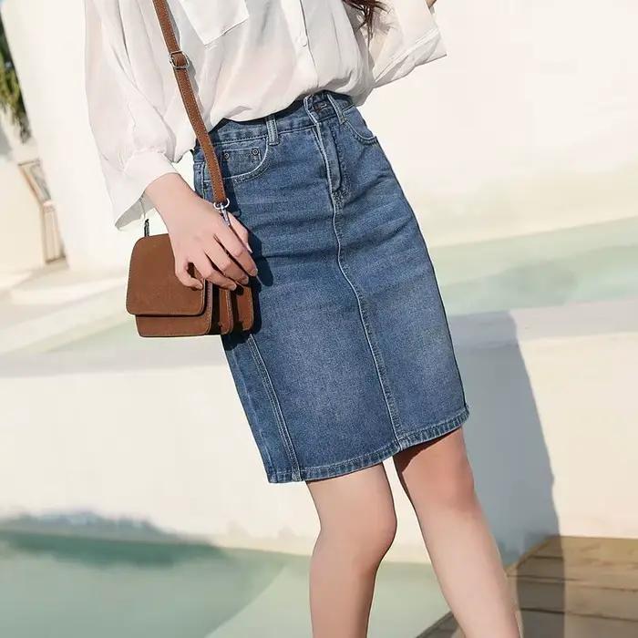 Jupe en jean mi-longue pour femmes, taille haute, bleue, Y2k, Vintage, décontractée, Style coréen, m