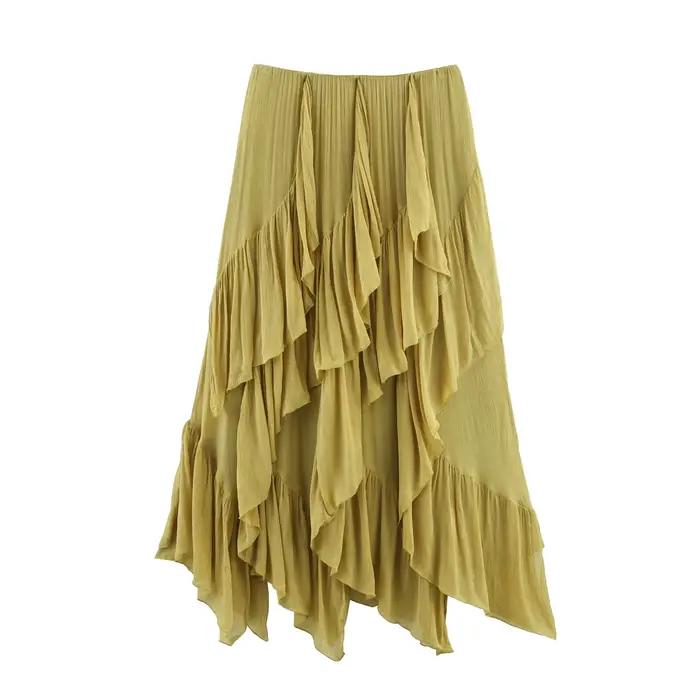 KONDALA Vintage plissé solide vert élégant femme jupes longues mode 2025 été a-ligne taille élastiqu