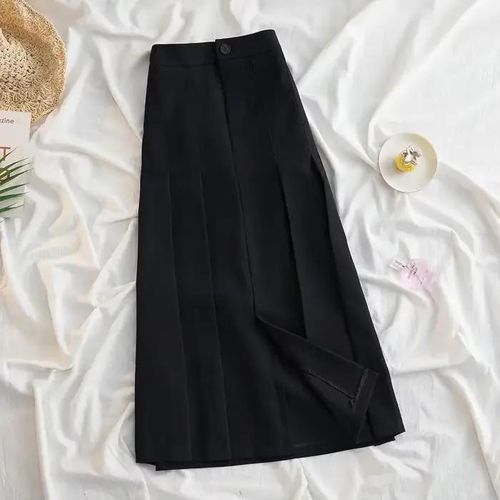 Nouveau 2025 coréen longue jupe plissée femmes printemps automne mode gris/noir jupes pour femme