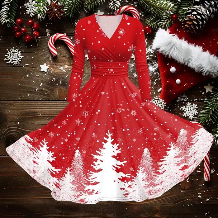 Robes de cocktail rouges pour femmes, manches longues, robe pin-up, mince, imprimé bonhomme de neige