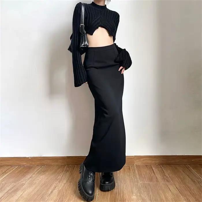 Jupes longues noires pour femmes, pur dos-fente conçu, taille haute, dame de bureau élégante, vêteme
