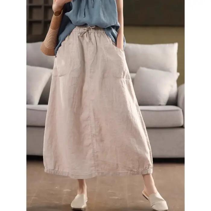 Jupe artistique rétro en lin pour femmes, Style fin, ample, taille élastique, ligne a, longueur moye