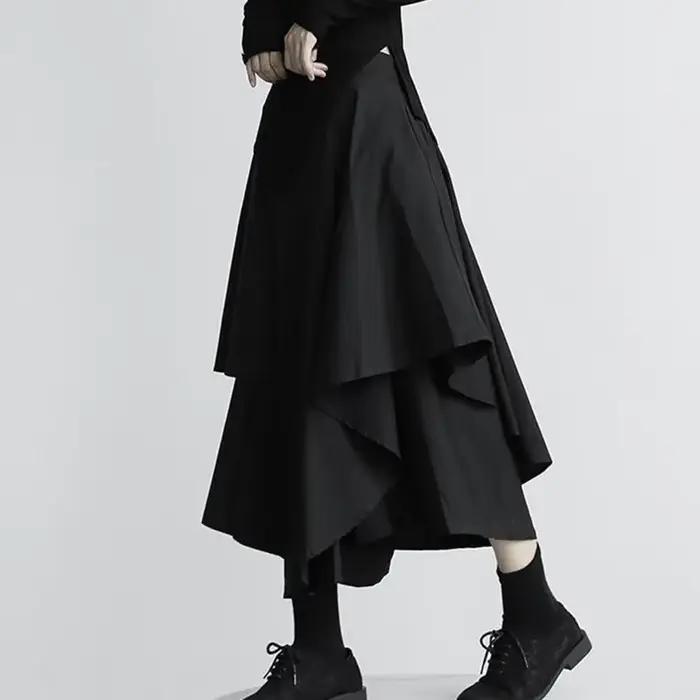 Femmes jupes noires japonais gothique irrégulière taille haute jupe plissée pantalon pour femmes Vin
