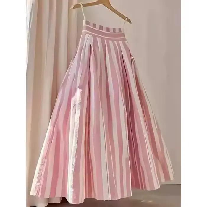 Jupe midi évasée rétro taille haute pour femme, motif rayé rose, sensation tendance, mode décontract
